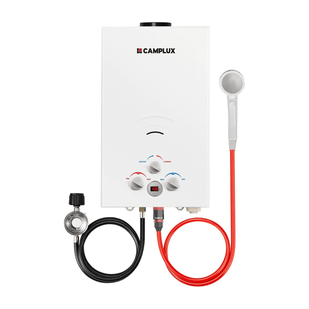 Camplux BW264 propane portable water heater — best on-demand camping water heater for Canadian campers, propane vs electric comparison