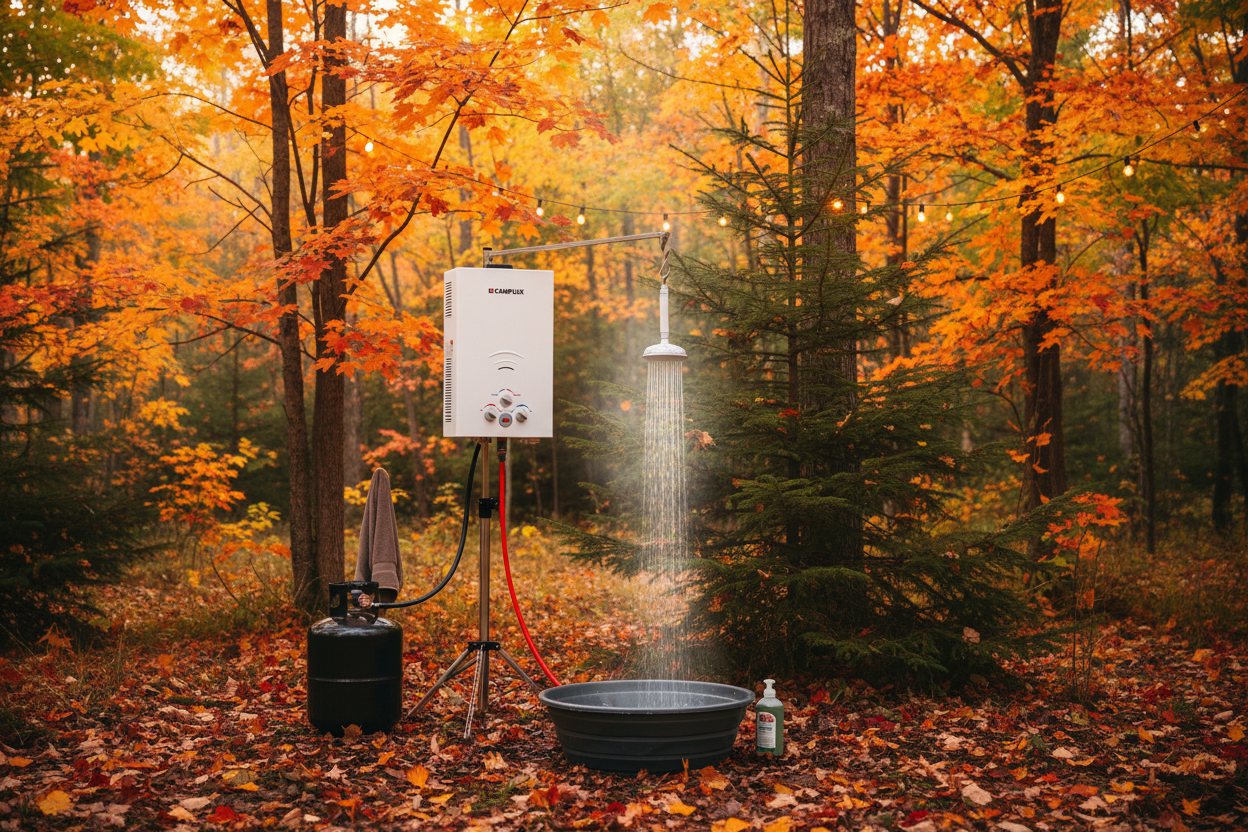 Best portable propane water heater for camping in Canada — Camplux outdoor shower setup in autumn forest