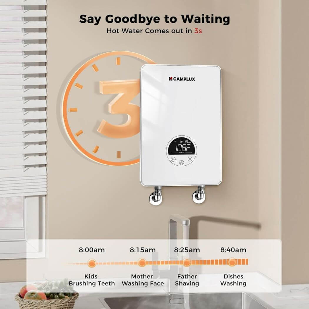 Camplux Electric 110~120V Small Instant Tankless Hot Water Heater - White