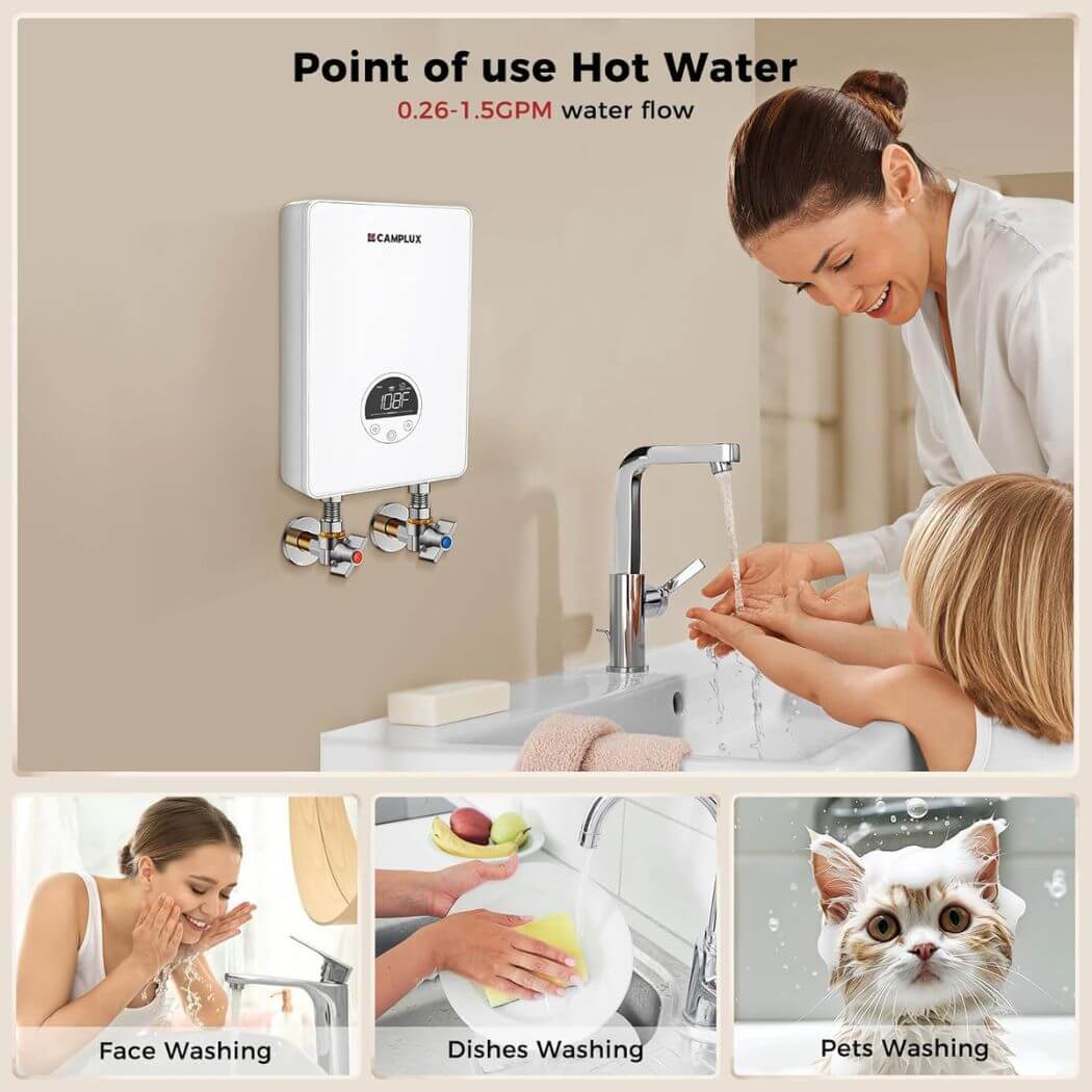 Camplux Electric 110~120V Small Instant Tankless Hot Water Heater - White