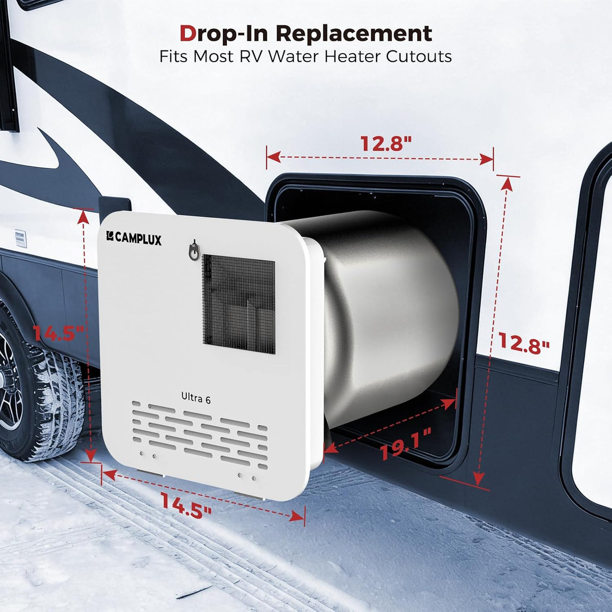 CAMPLUX 6 Gallon RG600W RV Water Heater, Gas/Electric/Hybrid, 12,000 BTU, 1440W, Porcelain-Lined Tank with Anode Rod, DSI Ignition, Compatible with Suburban & Dometic, White
