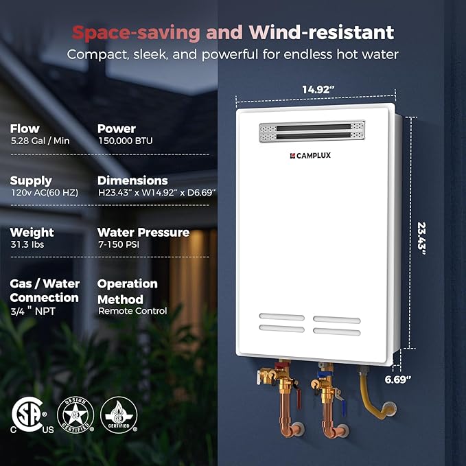 Camplux Whole Home Outdoor Tankless Hot Water Heater 5.28 GPM | White