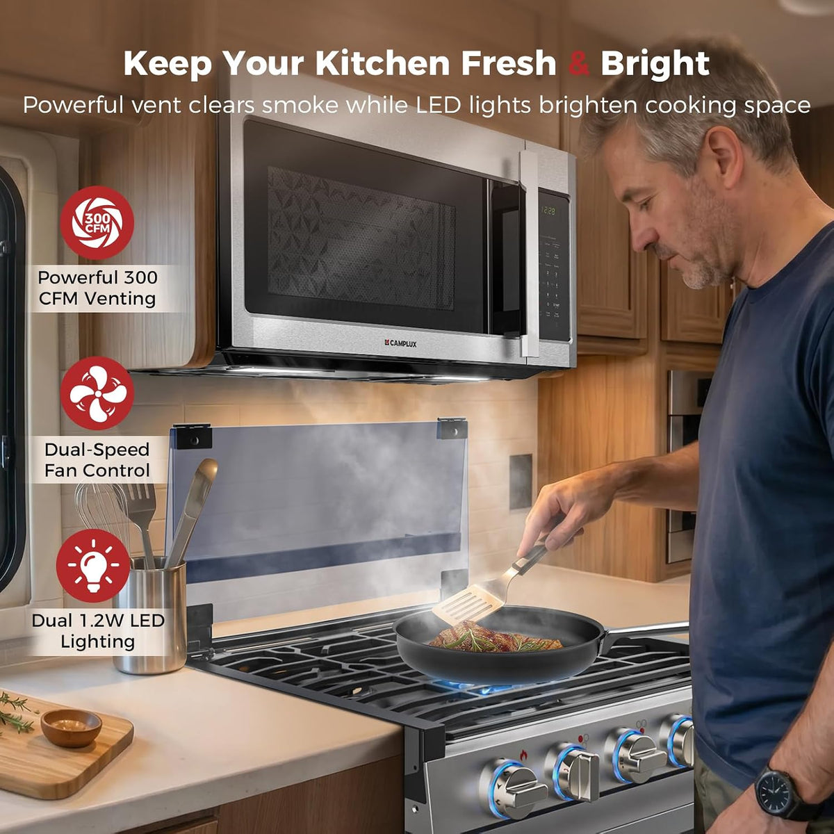 CAMPLUX OTR3012S 30" Convection Over-the-Range Microwave Oven, 1.5 Cu. Ft. Stainless Steel OTR Microwave with 300 CFM Venting, Bake & Roast Like a Real Oven, Low Noise Design