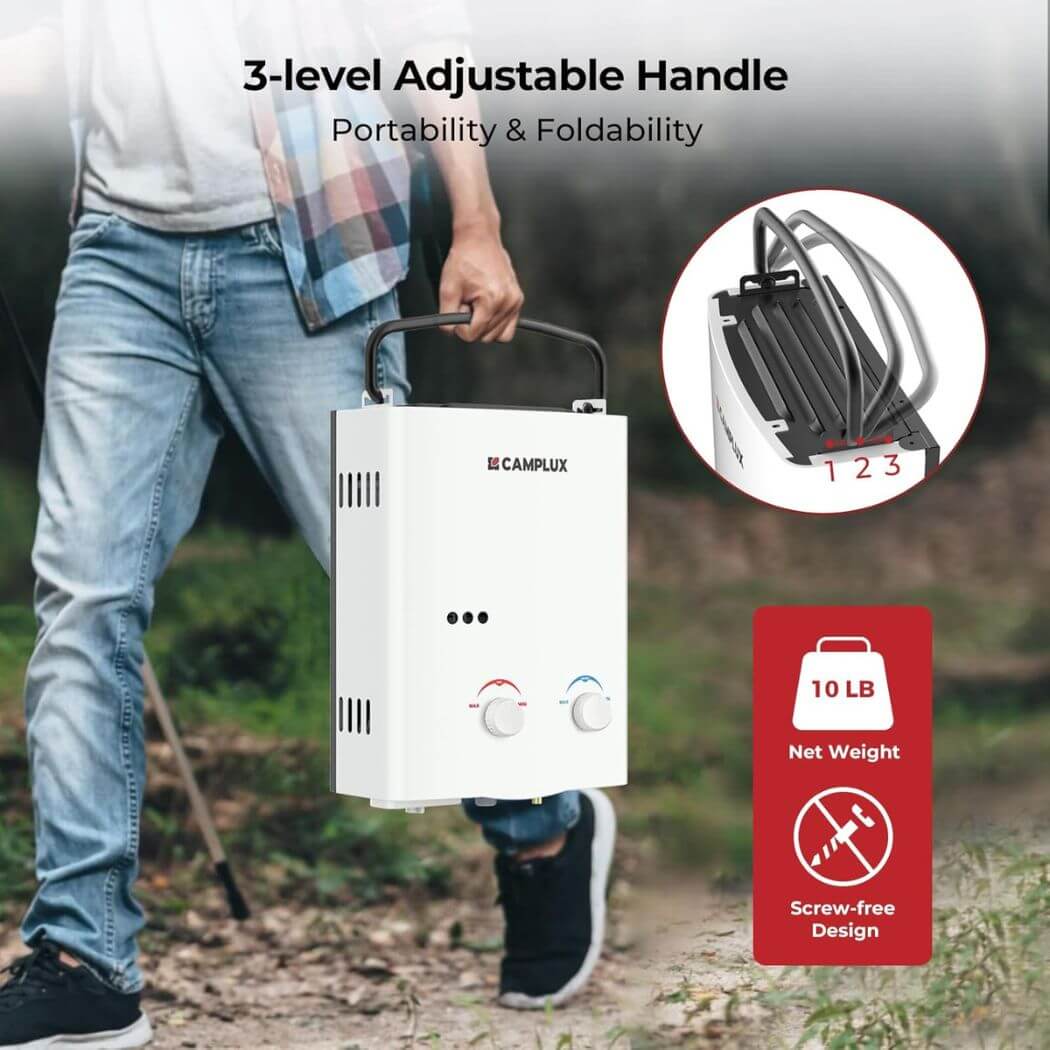 Camplux Portable Water Heater, 1.32 GPM Propane Outdoor Camping Tankless Water Heater, 5L, AY132, White