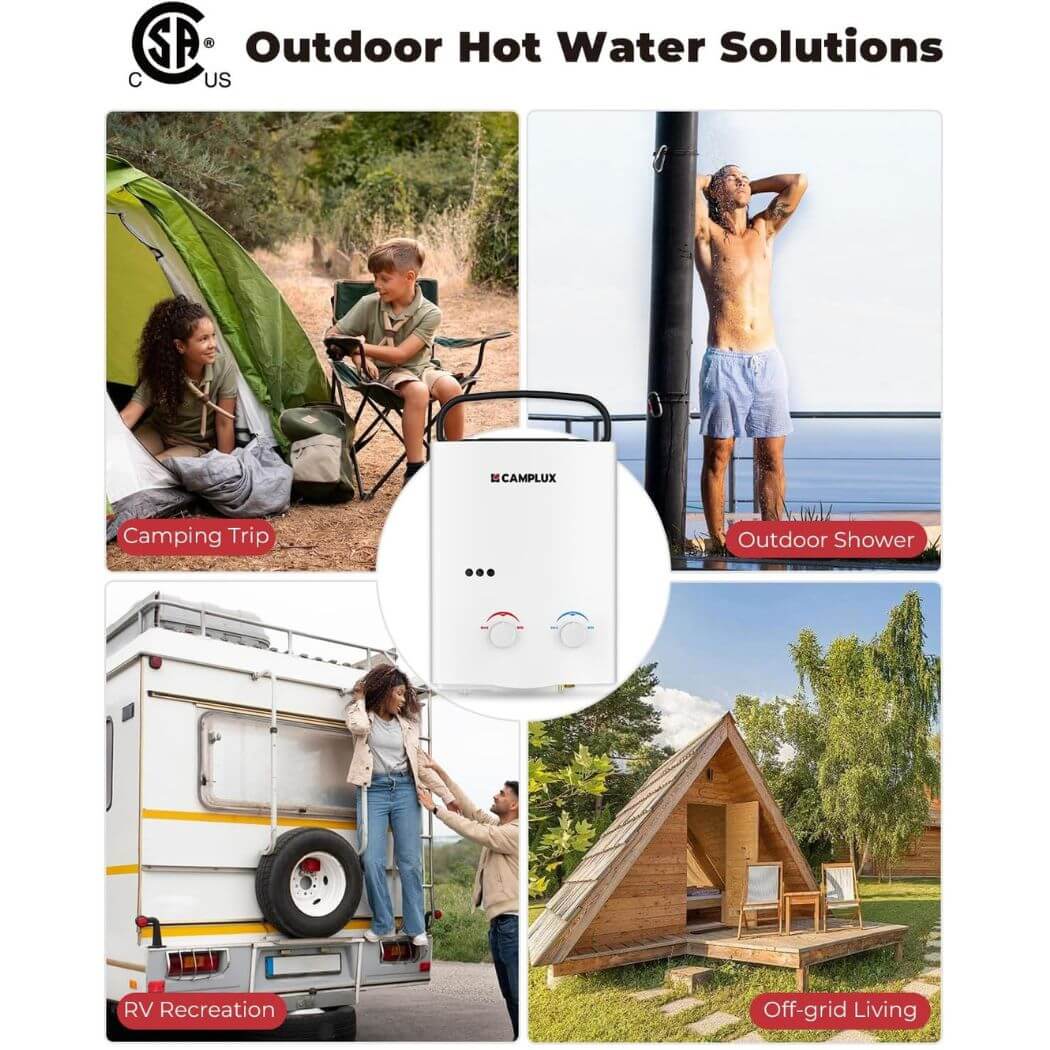 Camplux Portable Water Heater, 1.32 GPM Propane Outdoor Camping Tankless Water Heater, 5L, AY132, White
