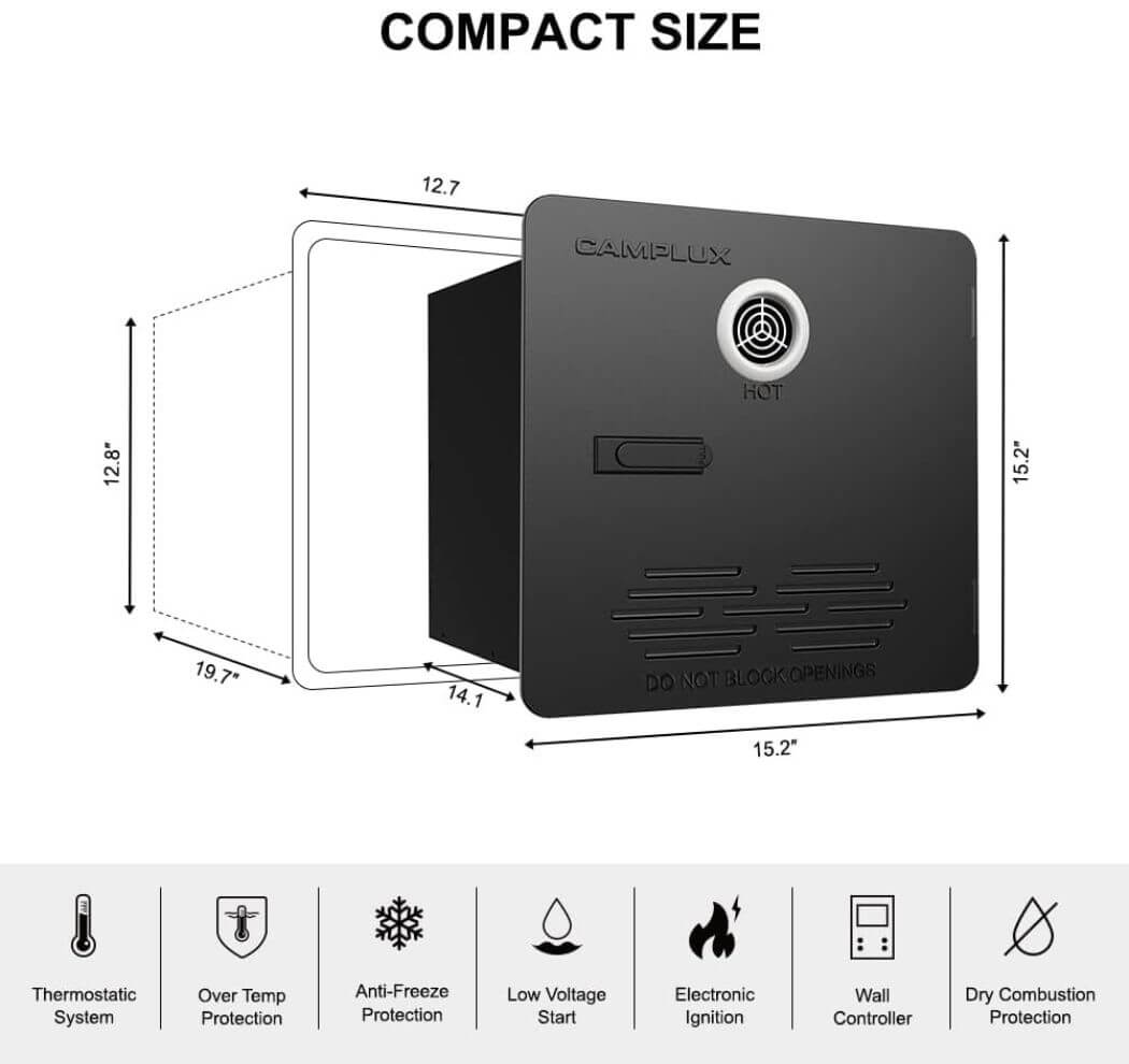 A diagram of the size of Camplux RS264B water heater.