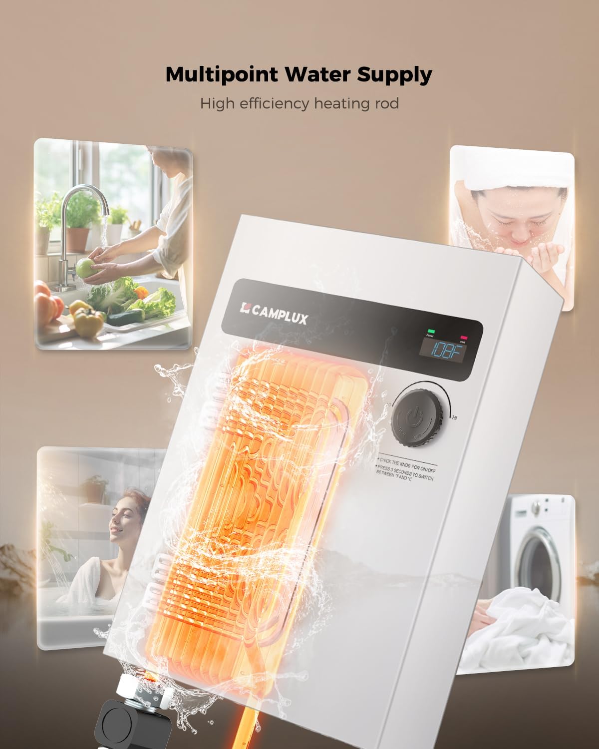 Camplux ‎TEW27 On Demand Electric Tankless Water Heater 18kW | White