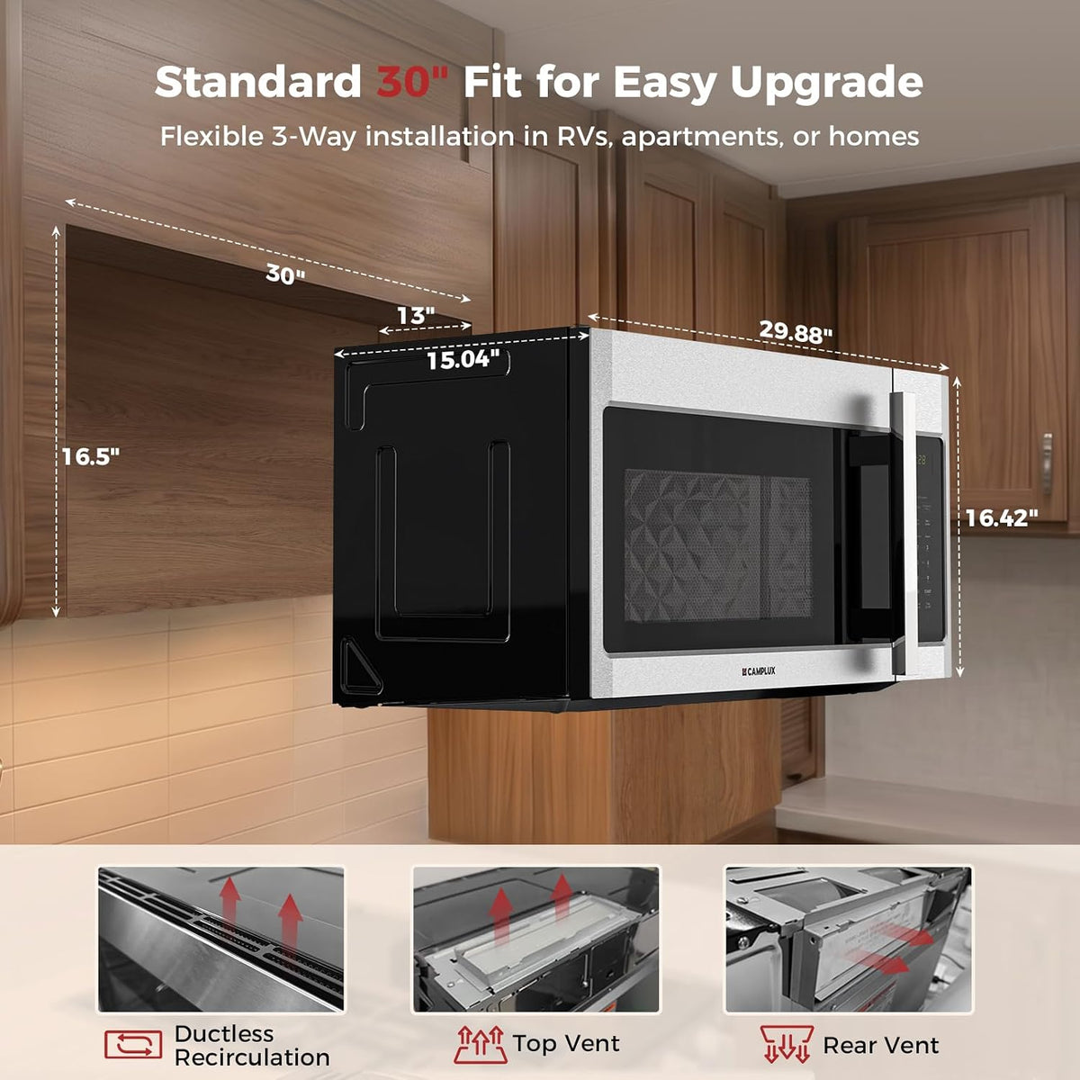 CAMPLUX OTR3012S 30" Convection Over-the-Range Microwave Oven, 1.5 Cu. Ft. Stainless Steel OTR Microwave with 300 CFM Venting, Bake & Roast Like a Real Oven, Low Noise Design