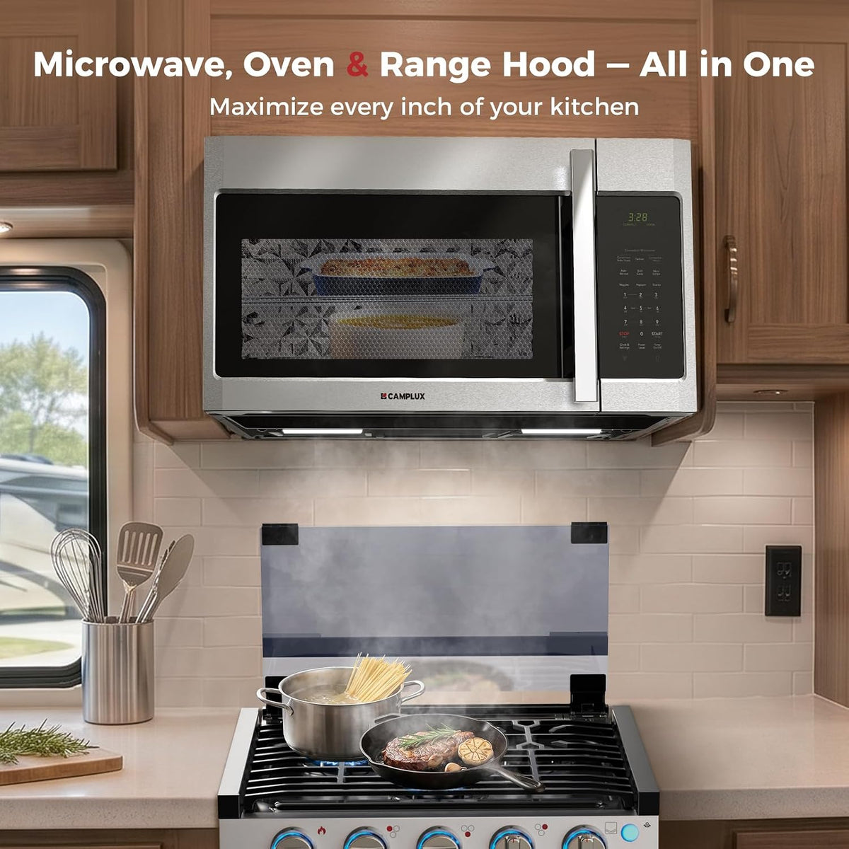 CAMPLUX OTR3012S 30" Convection Over-the-Range Microwave Oven, 1.5 Cu. Ft. Stainless Steel OTR Microwave with 300 CFM Venting, Bake & Roast Like a Real Oven, Low Noise Design