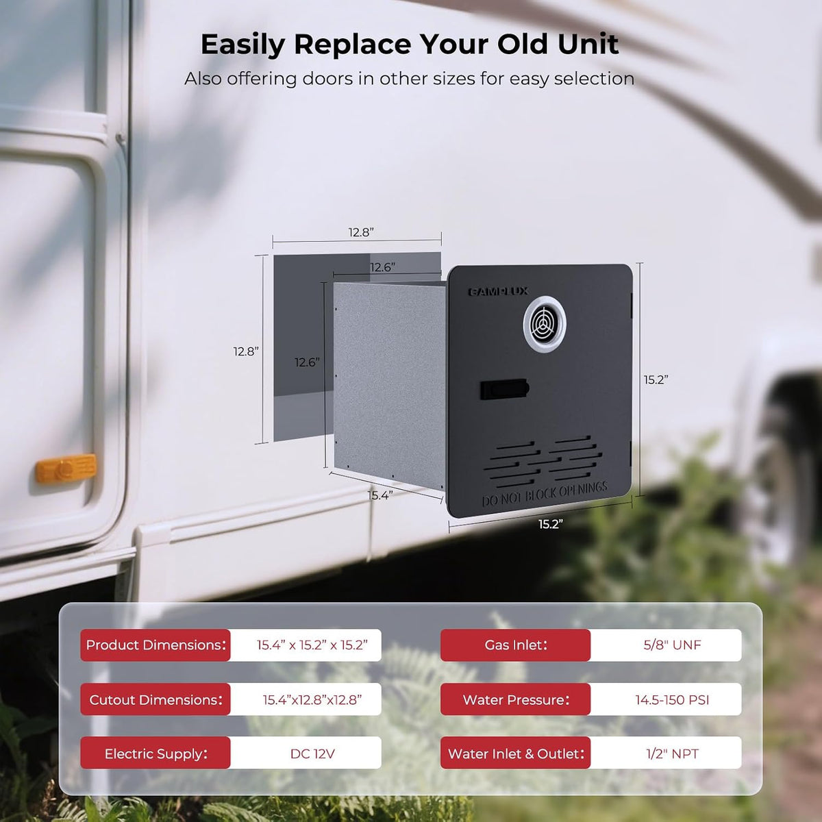 CAMPLUX RS264B RV Tankless Water Heater, 65,000 BTU Hot Water Heater with Mixing Tank, 2.64GPM Black RV Water Heater with Door and Remote Controller, High Altitude Performance,CSA Certified
