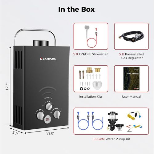 Camplux Tankless Water Heater for RV 1.58 GPM With Pump Kit, Black