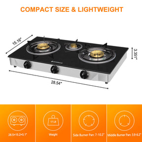 Camplux Propane Gas Stove with 21,600BTU, 3 Burners Propane Stove, Tempered Glass Camping Cooking Stove